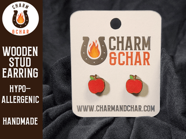 Apple Wood Stud Earrings - Back to School Fashion Earring - Stud Earring - Charm and Char